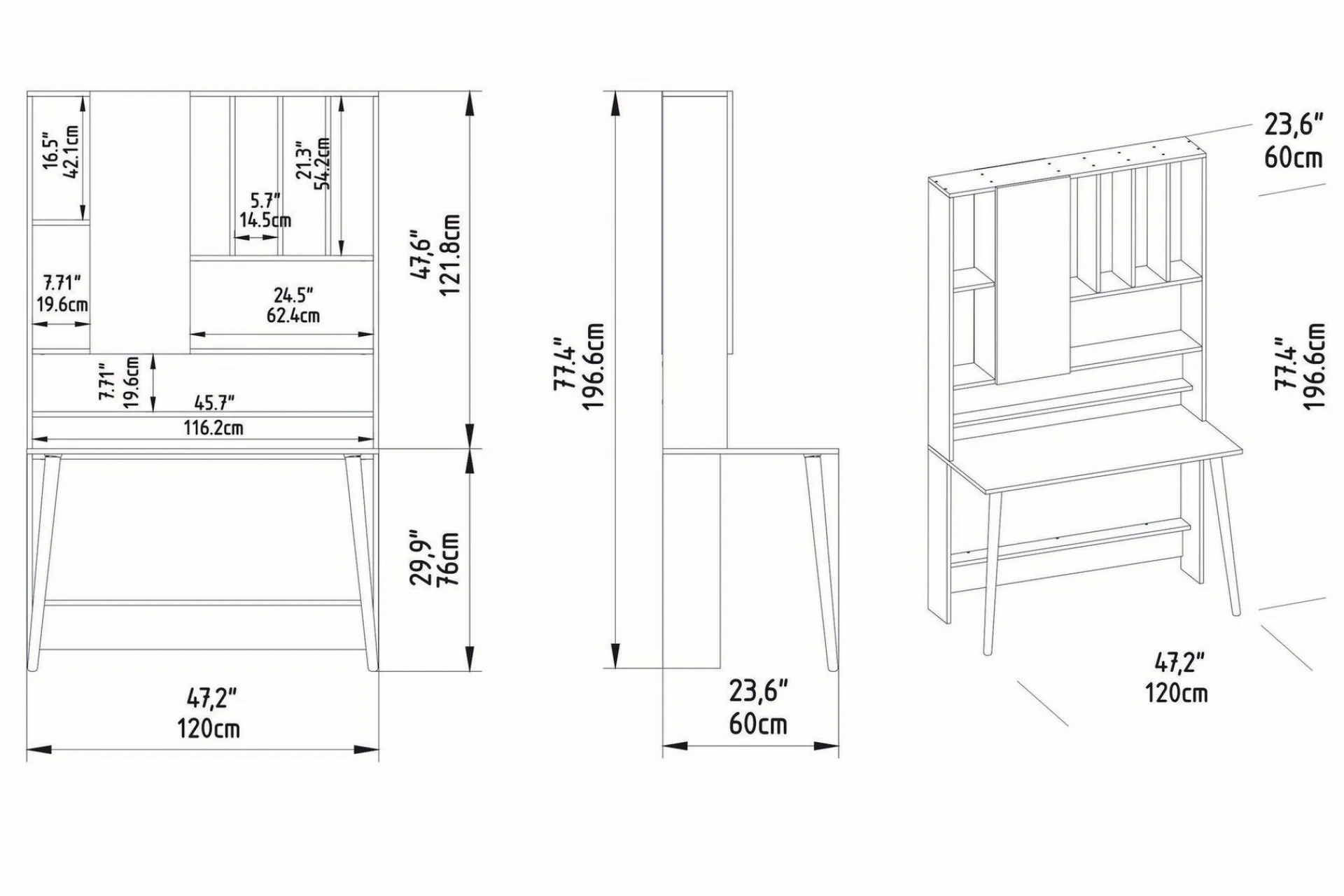 Kontorbord-Andifli Skrivebord 60x196,6x120 cm med oppbevaring Hvit