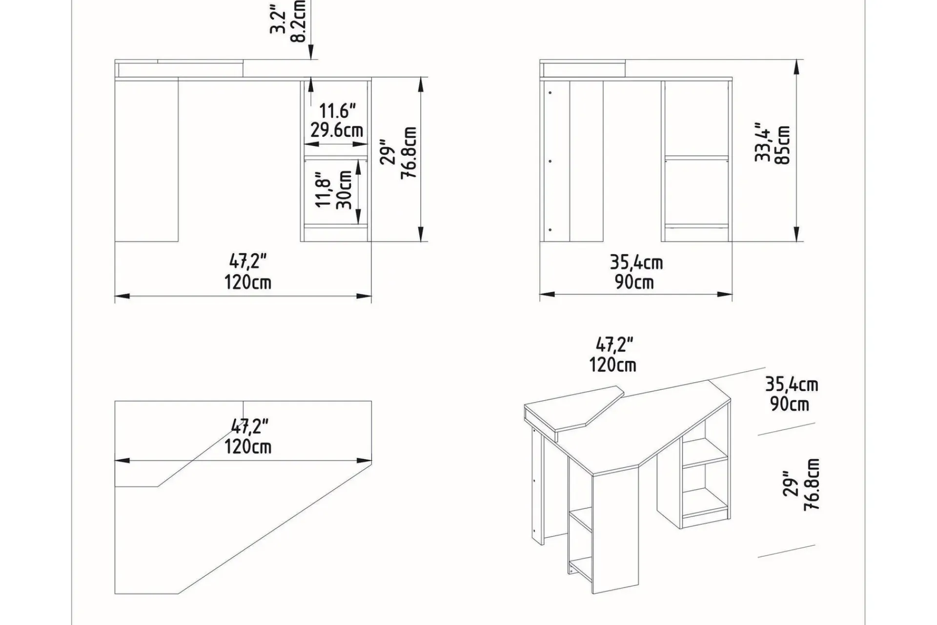 Kontorbord-Andifli Skrivebord 90x76,8x120 cm med oppbevaring Brun
