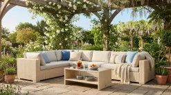 Comfort Garden Bahamas L-formet utesofa høyre, 7-seters med bord og hylle