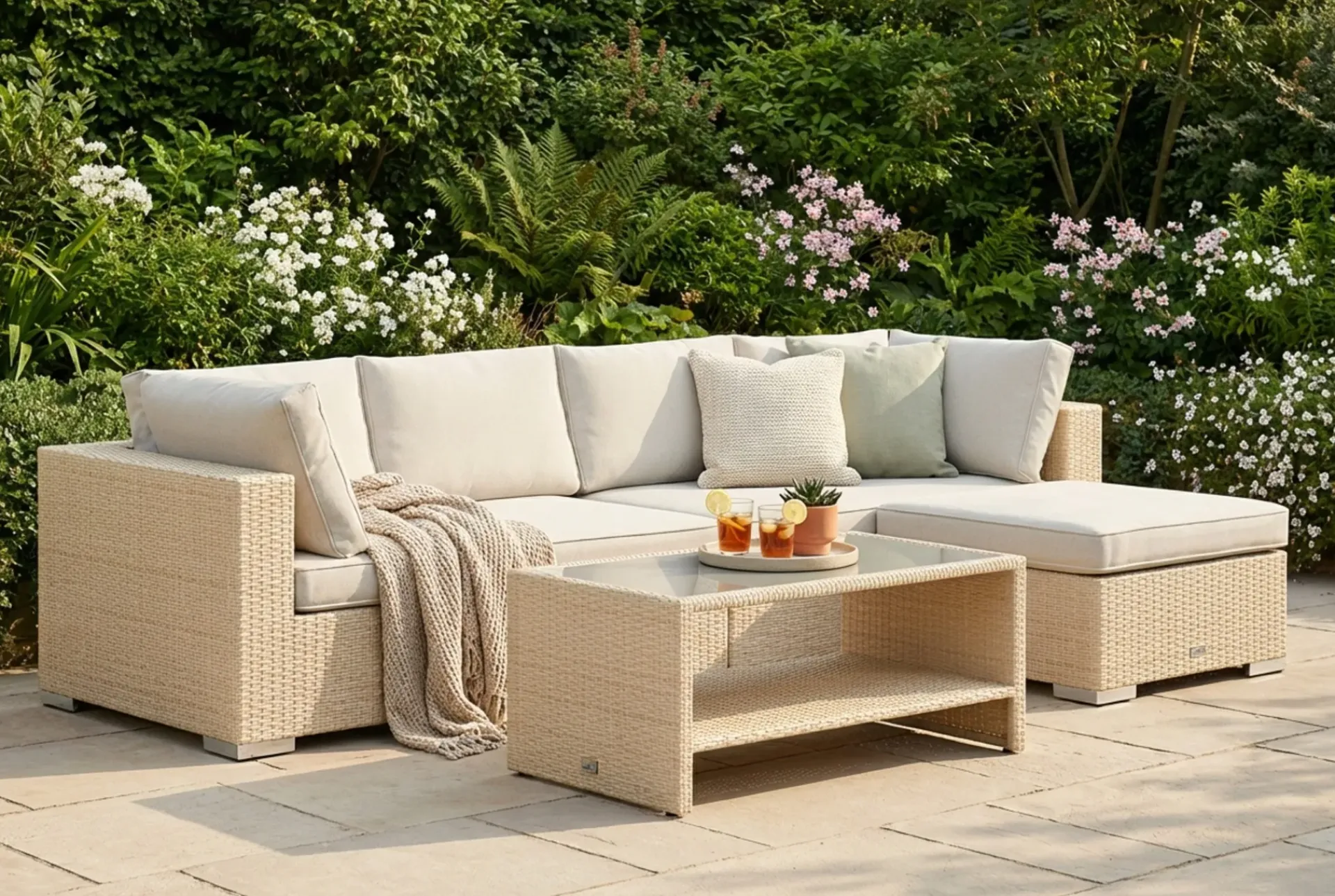 Comfort Garden Bahamas utendørs divansofa 5-seters med vendbar divan og bord med hylle