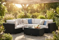 Comfort Garden Bahamas utendørs hjørnesofa 5-seters vendbar med åpen avslutning og bord