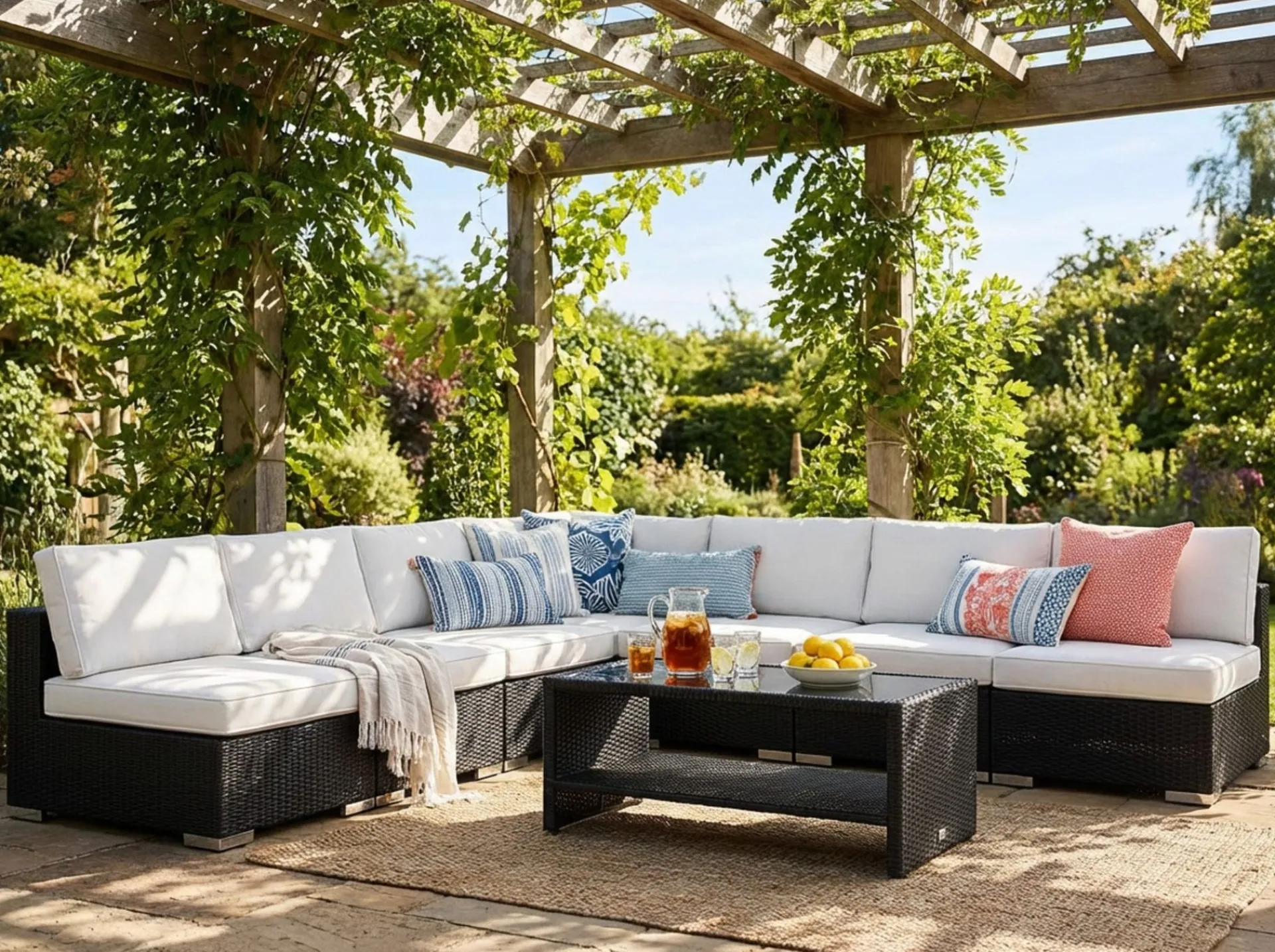 Comfort Garden Loungemøbler Salg|Loungesett-Bahamas utendørs hjørnesofa 7-seters vendbar med åpen avslutning og bord med hylle