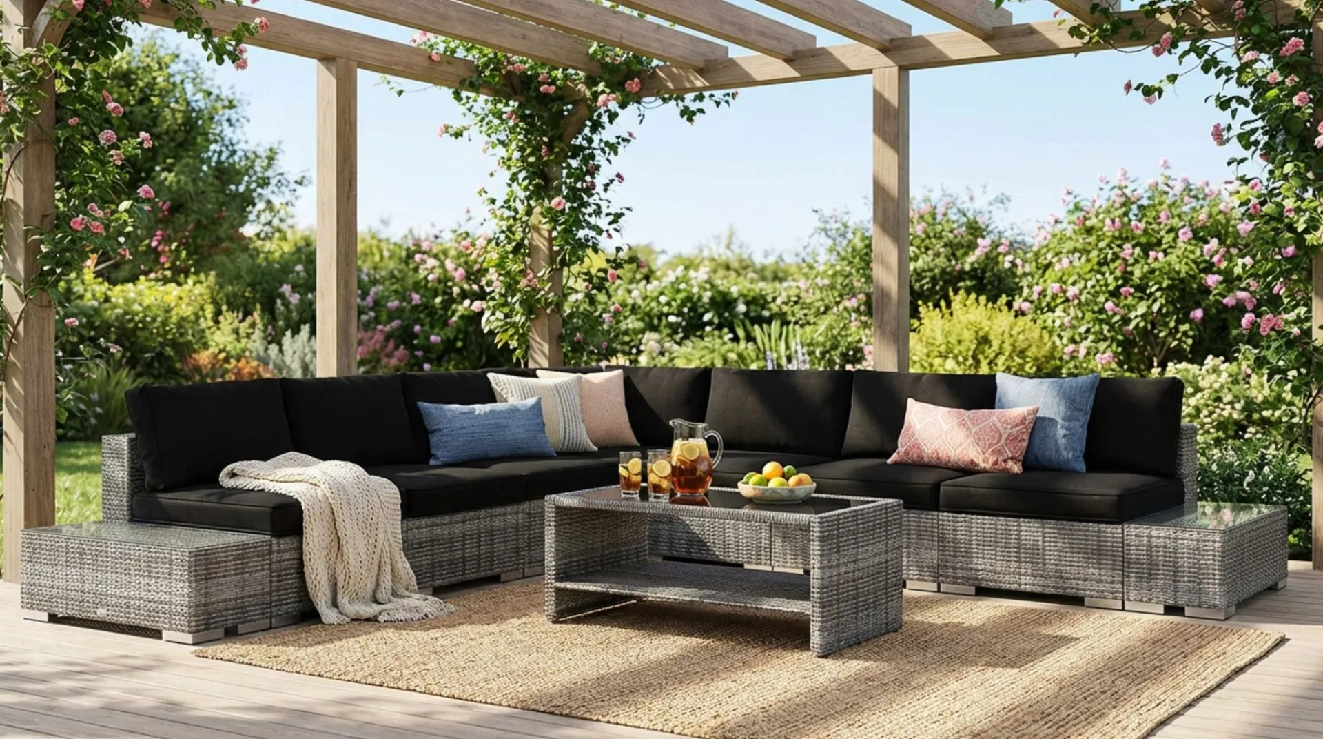Comfort Garden Veranda & Terrasse|Loungemøbler Salg-Bahamas utendørs hjørnesofa 7-seters vendbar med åpen avslutning og bord med hylle