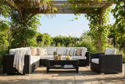 Comfort Garden Bahamas utendørs hjørnesofa 8-seters vendbar med lenestol og bord med hylle