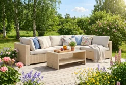 Comfort Garden Veranda & Terrasse|Loungemøbler Salg-Bahamas utendørs loungegruppe 6-seters med vendbar sjeselong og bord med hylle Beige