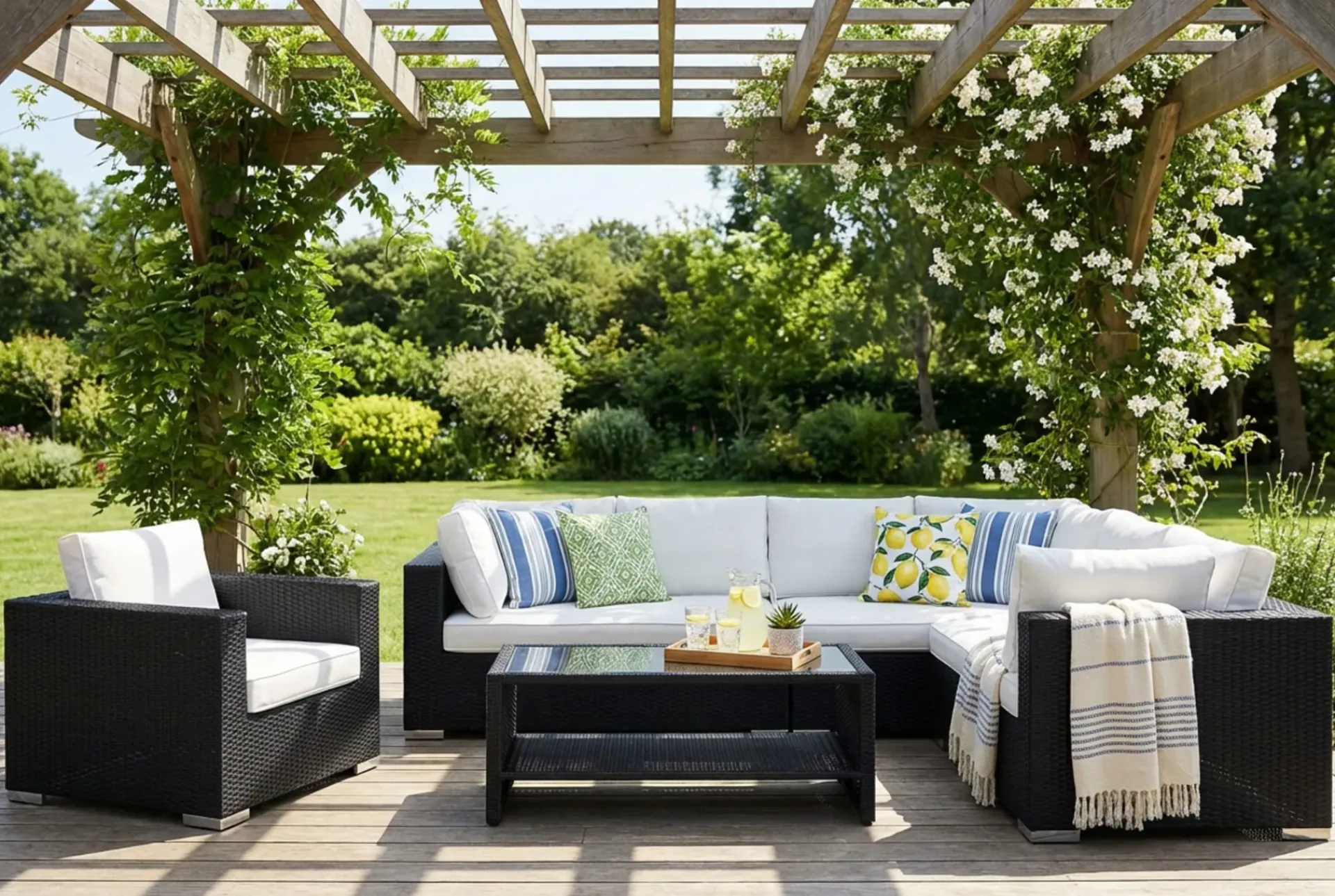 Comfort Garden Bahamas utendørs L-sofa venstre 7-seters med lenestol og bord med hylle