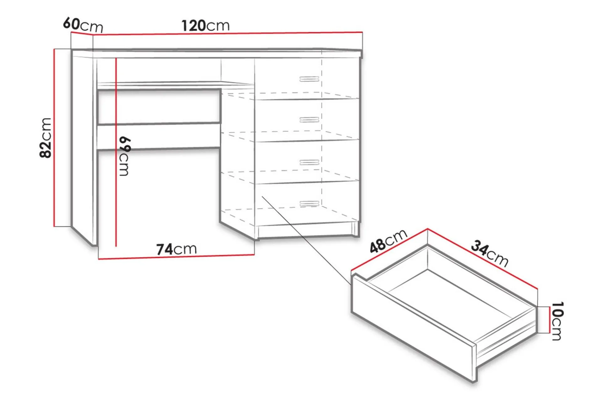 Kontorbord-Castillia Skrivebord 120 cm med Oppbevaring 4 Skuffer + Hyll Mørkt asketre