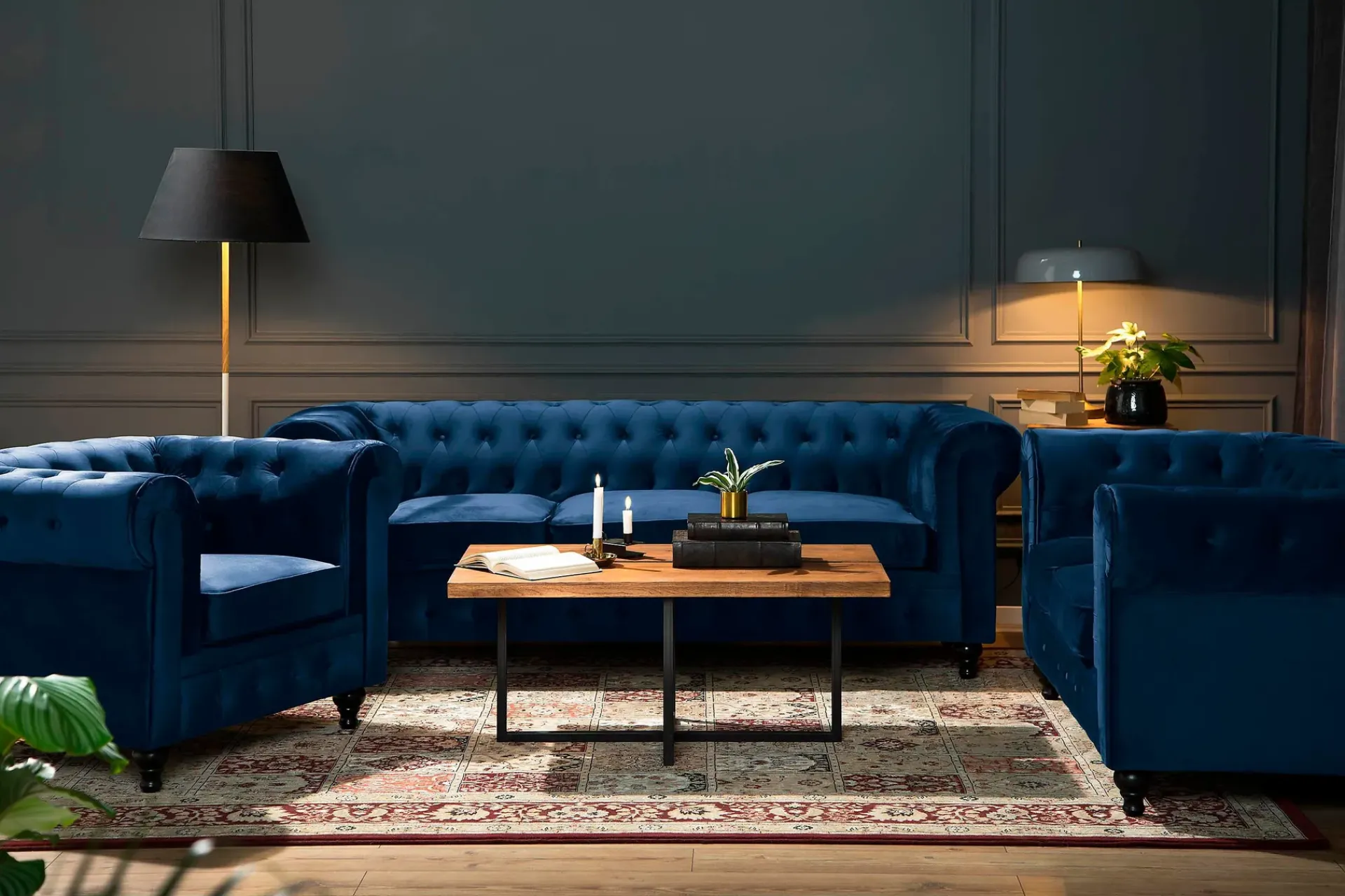 Manor House 2 Seter Sofa-Chesterfield Lyx 2-seter Liten fløyelssofa – Dyp sofa 160 cm bred Blå