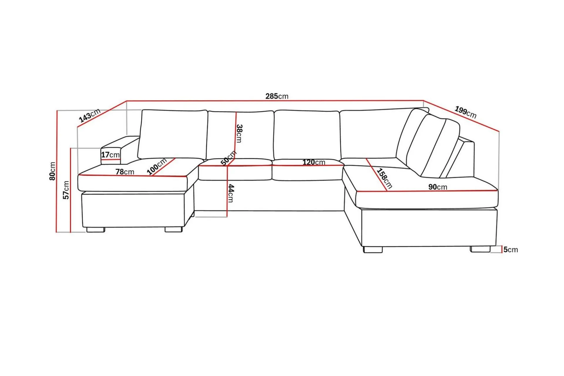 Basic Home Crazy 4-seters Høyrevendt U-formet Large Sofa med Divan og Sjeselong i Fløyel