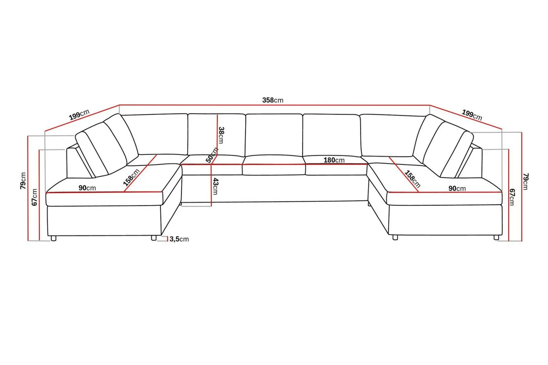 Basic Home Crazy 5-seters U-formet Sofa med Dobbel Sjeselong i Stoff