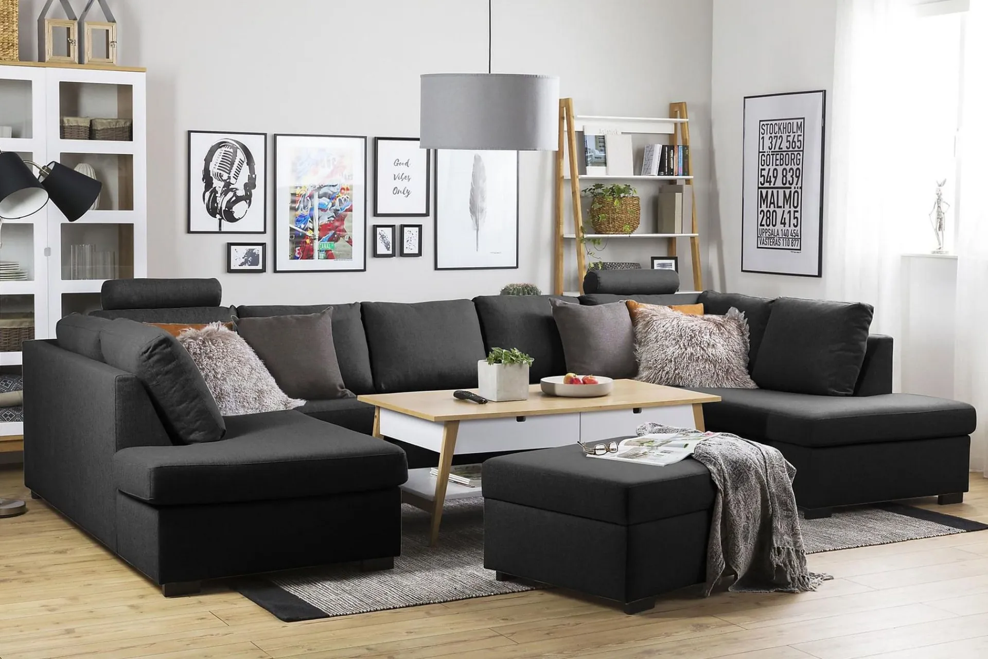 Basic Home Crazy 5-seters U-formet Sofa med Dobbel Sjeselong i Stoff