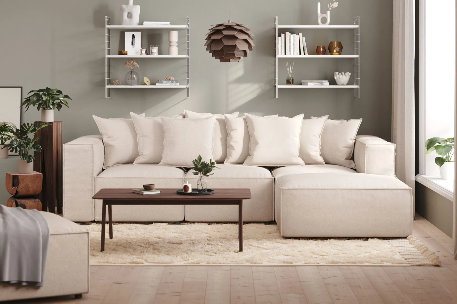 Andrarum Sofa Med Sjeselong-Cubo 4-seters Dyp Modulsofa med Divan i Stoff Beige