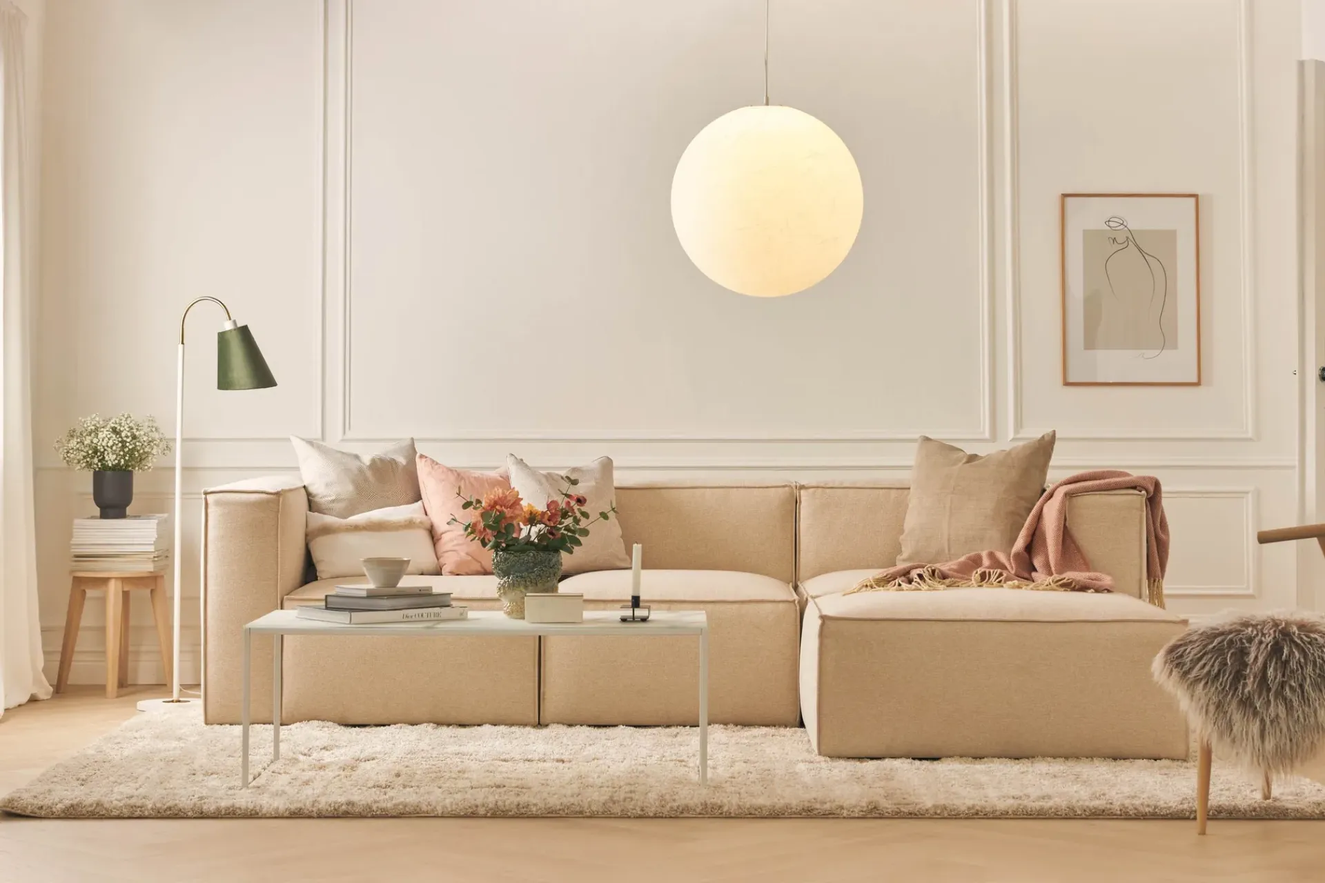 Andrarum Sofa Med Sjeselong-Cubo 4-seters L-formet Dyp Modulsofa med Divan i Stoff Beige