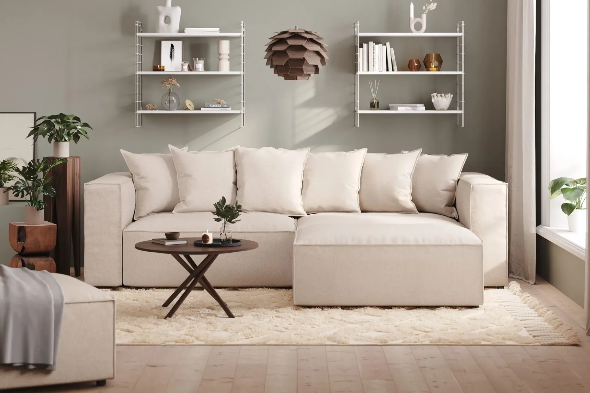 Andrarum Sofa Med Sjeselong-Cubo 4-seters L-formet Dyp Modulsofa med Divan i Stoff Beige