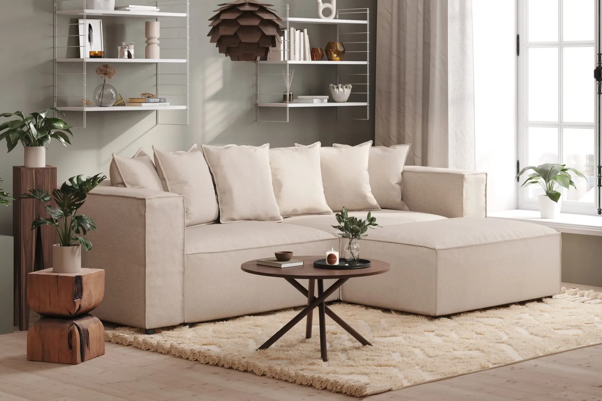 Andrarum Sofa Med Sjeselong-Cubo 4-seters L-formet Dyp Modulsofa med Divan i Stoff Beige