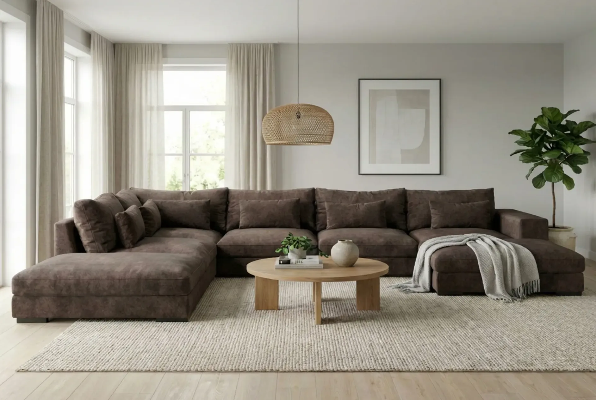 Scandinavian Choice 2 Seter Sofa|Sofa Med Sjeselong-Dubai U-modulsofa med divan høyre ekstra dyp i Chenille Mørkebrun