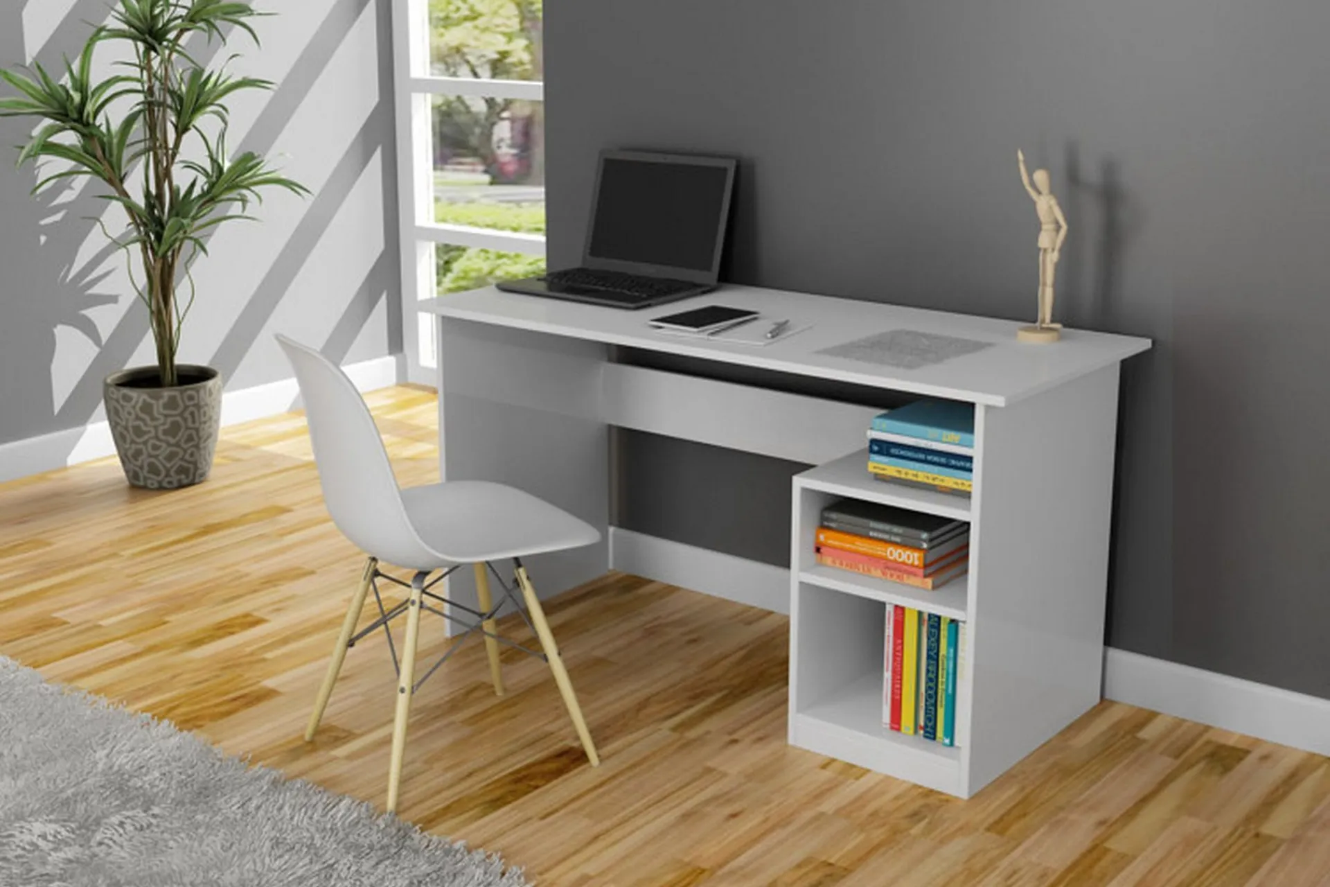 Kontorbord-Elegancia Skrivebord 120 cm med Oppbevaring 2 Hyller Hvit