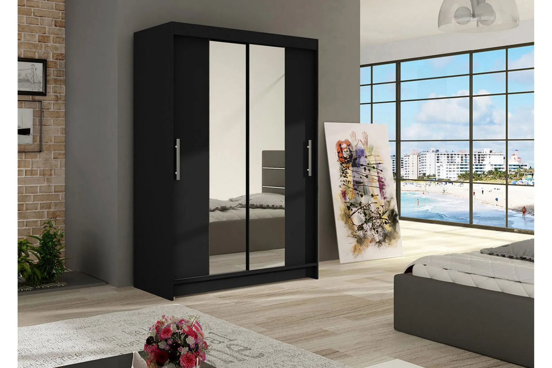 Garderober & Garderobesystem-Estella Garderobe 120 cm Skyvedører Smalt Speil Svart