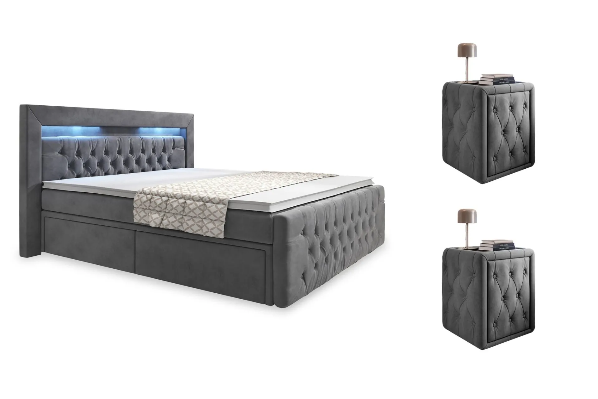 Cloud47 Franco Komplett Sengpakke med Oppbevaring LED-belysning 180x200 cm + 2 stk. Franco Nattbord