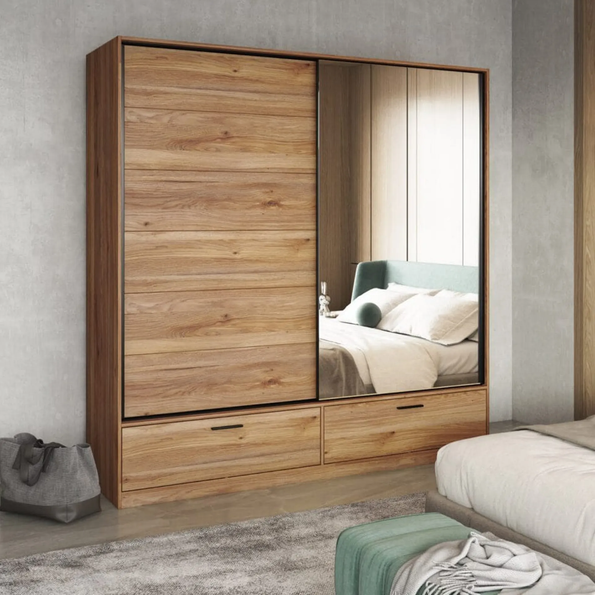 Garderober & Garderobesystem-Garderobe med speil Beta 2 Skyvedør med 2 Skuffer Natur