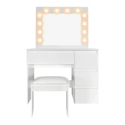 Sminkebord & Toalettbord-Glow Sminkebord 94 cm med speil skuffer og krakk - LED Belysning Hvit