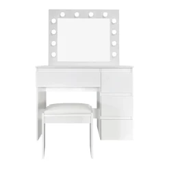 Sminkebord & Toalettbord-Glow Sminkebord 94 cm med speil skuffer og krakk - LED Belysning Hvit