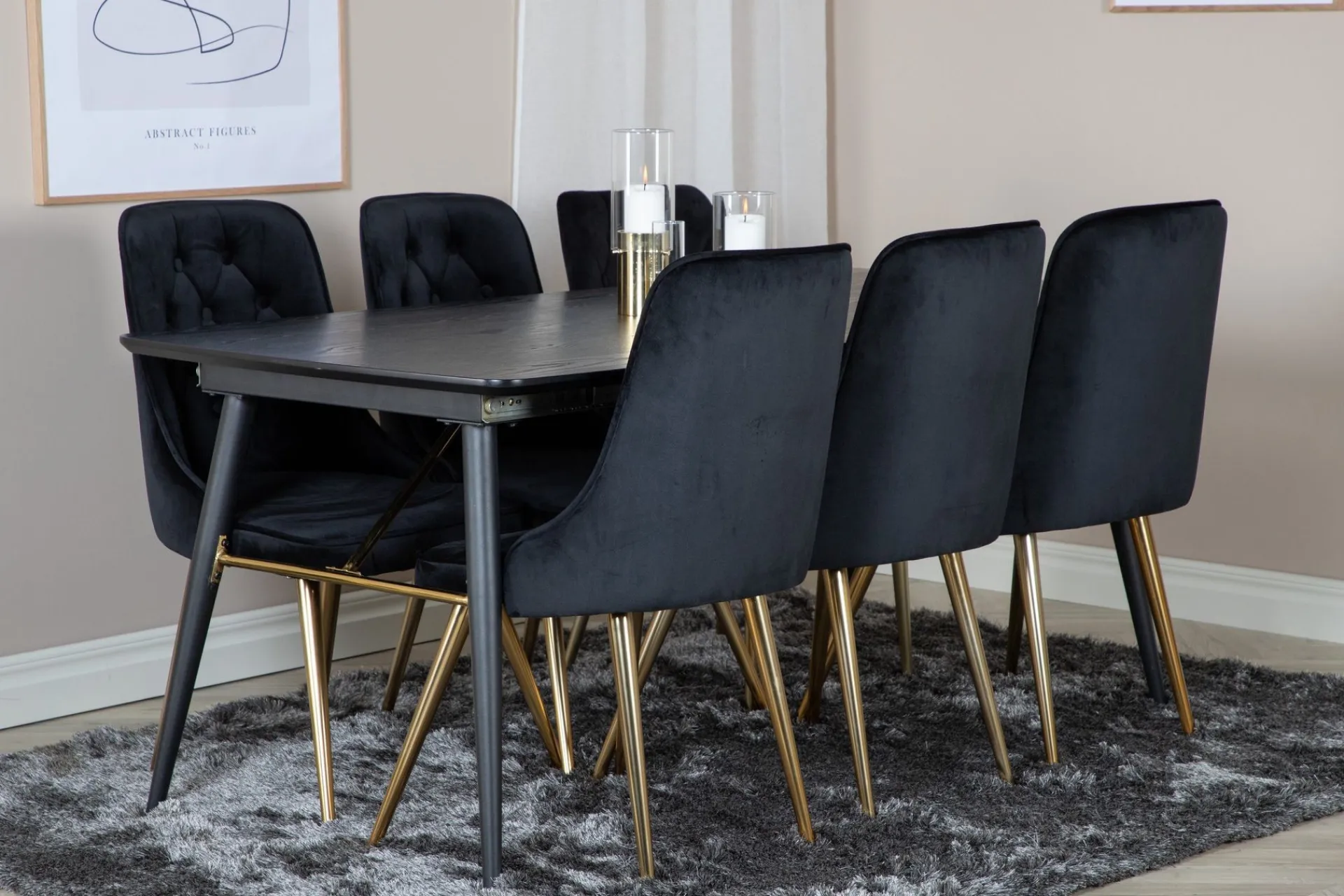 Venture Home Spisegrupper-Gold Spisegruppe Forlengningsbar 180-220 cm Rektangulær med 6 Velvet Stoler Svart,Gull
