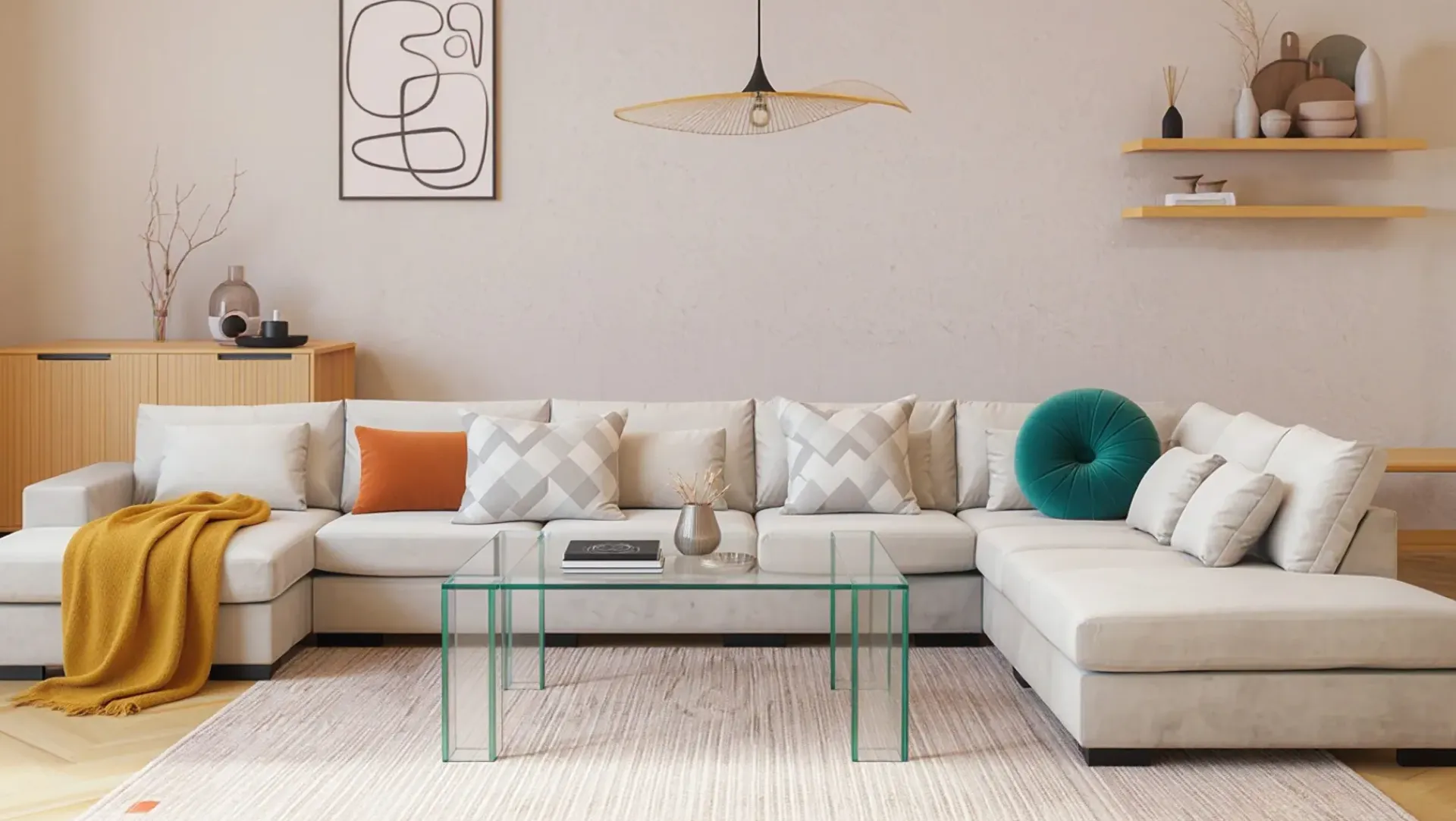 Scandinavian Choice Velour Sofa & Fløyel Sofa|U-Sofa-Grande Stor 7-seters U-Sofa med Divan Venstre Beige