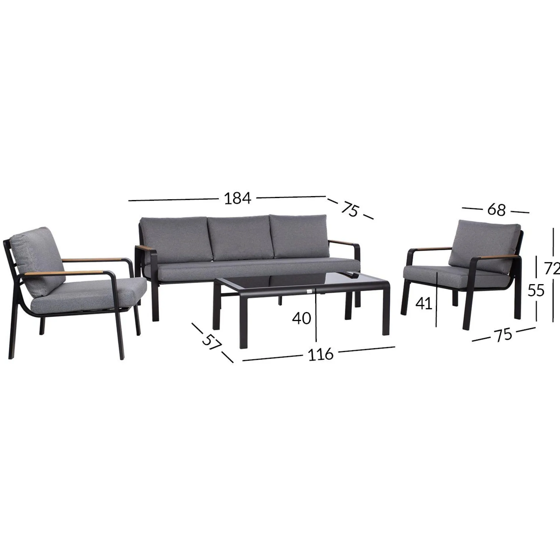 Hagemøbelsett HOME4YOU Lona bord, sofa og 2 stoler grå/svart