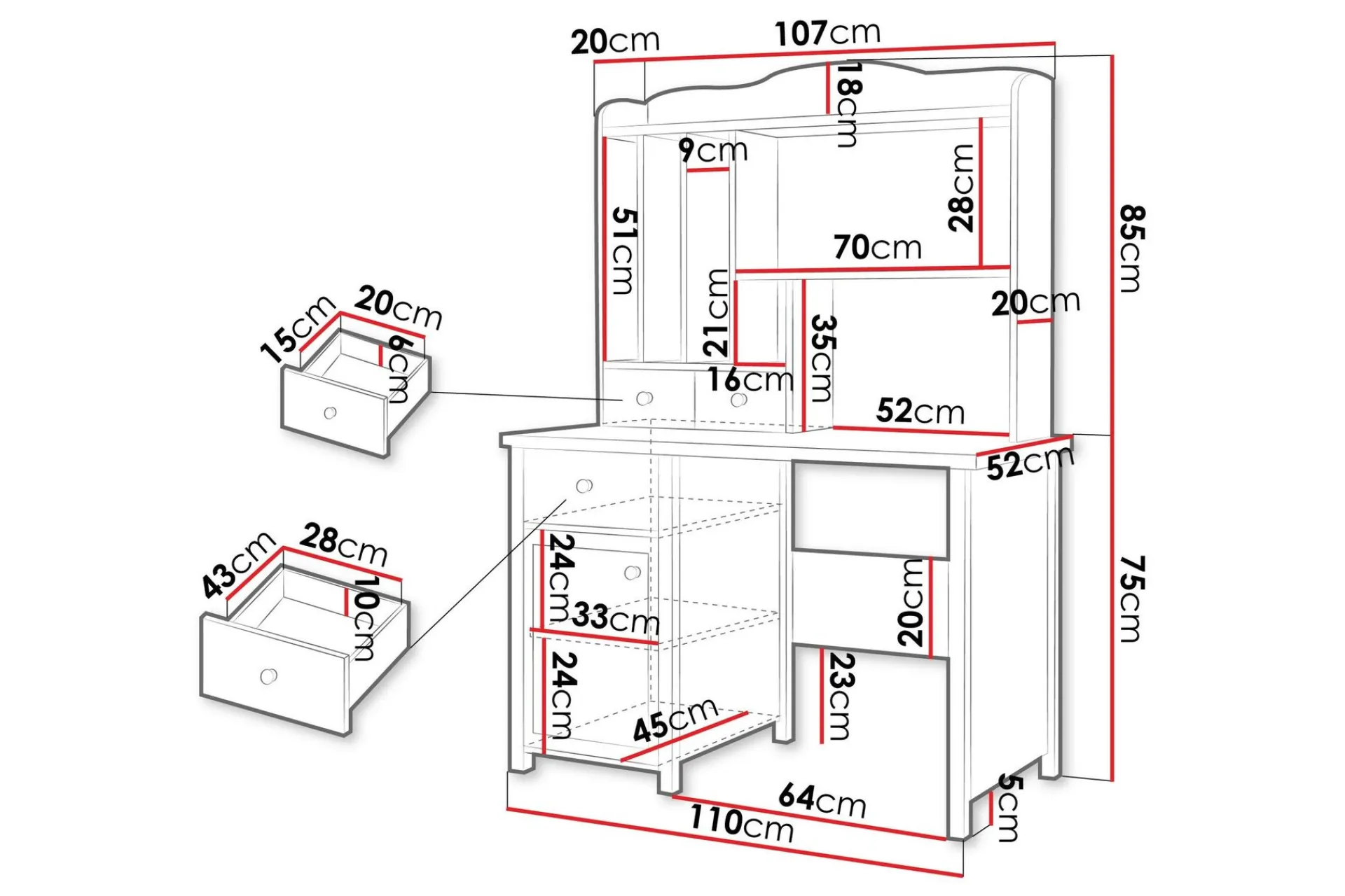 Sminkebord & Toalettbord-Hilts Sminkebord 110x52 cm Hvit,Lyserød