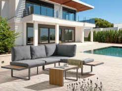 Veranda & Terrasse|Loungesett-Hjørnesofa utendørs med bord 4-seter Pienza høyrevendt Grå/Brun/Svart