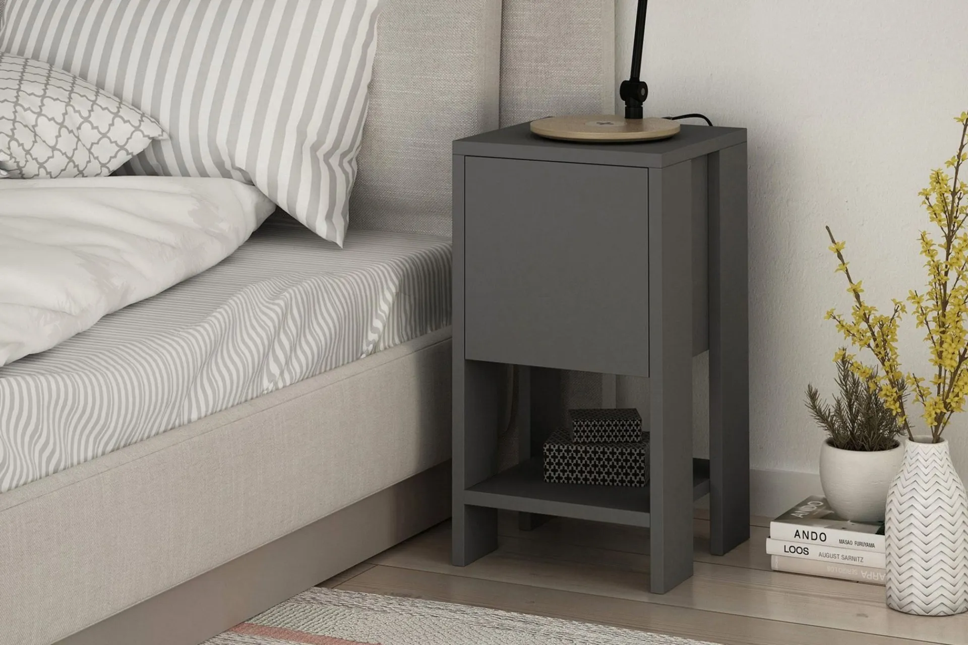 Avlastningsbord-Homitis Nattbord 30 cm med Oppbevaring Hylle + Lucka Grey