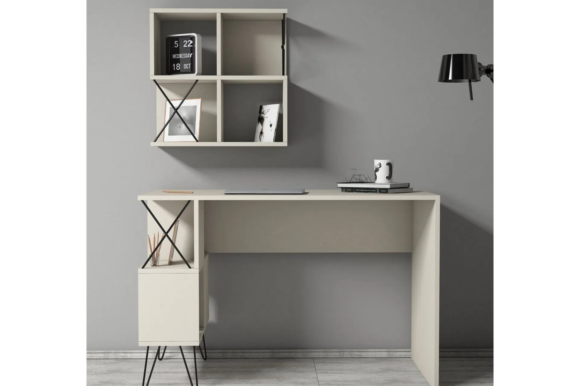 Kontorbord-Hovdane Skrivebord 120 cm med Oppbevaringshylle + Bokhylle L Svart,Hvit
