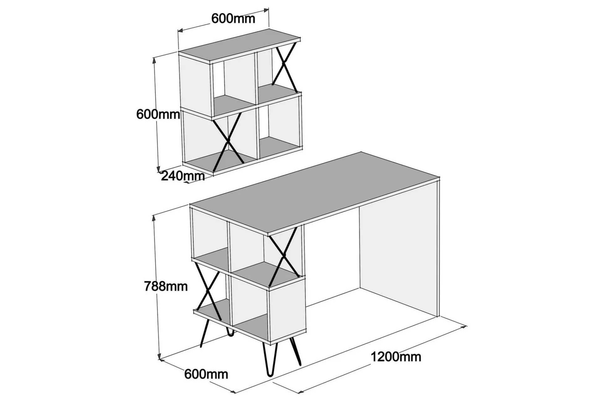 Kontorbord-Hovdane Skrivebord 120 cm med Oppbevaringshylle + Bokhylle L Svart,Hvit