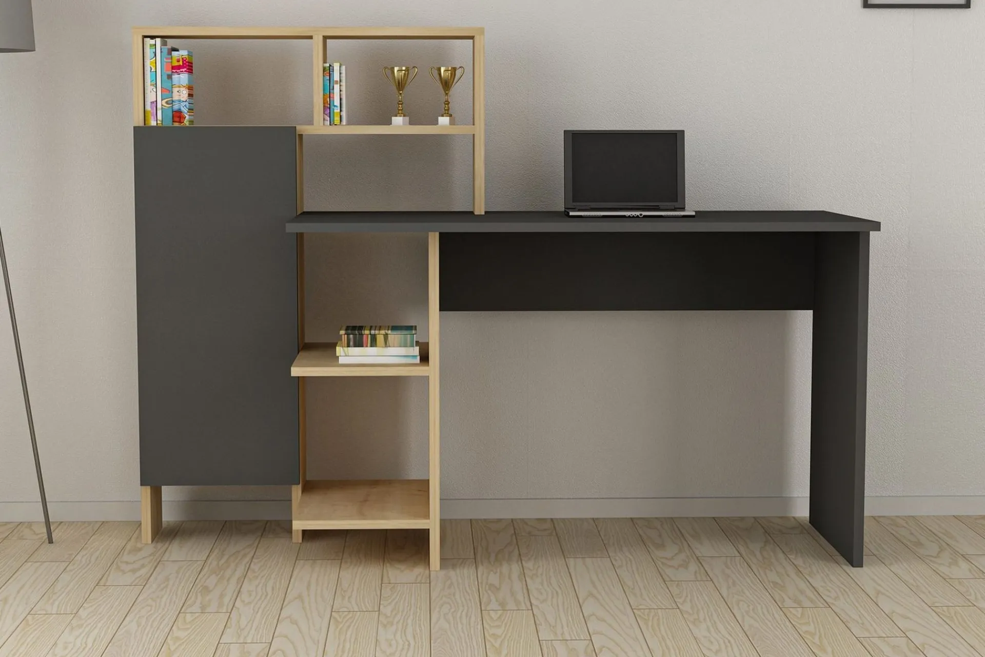 Kontorbord-Irbene Skrivebord 135 cm med Oppbevaring Hyller + Skap Natur,Antracit