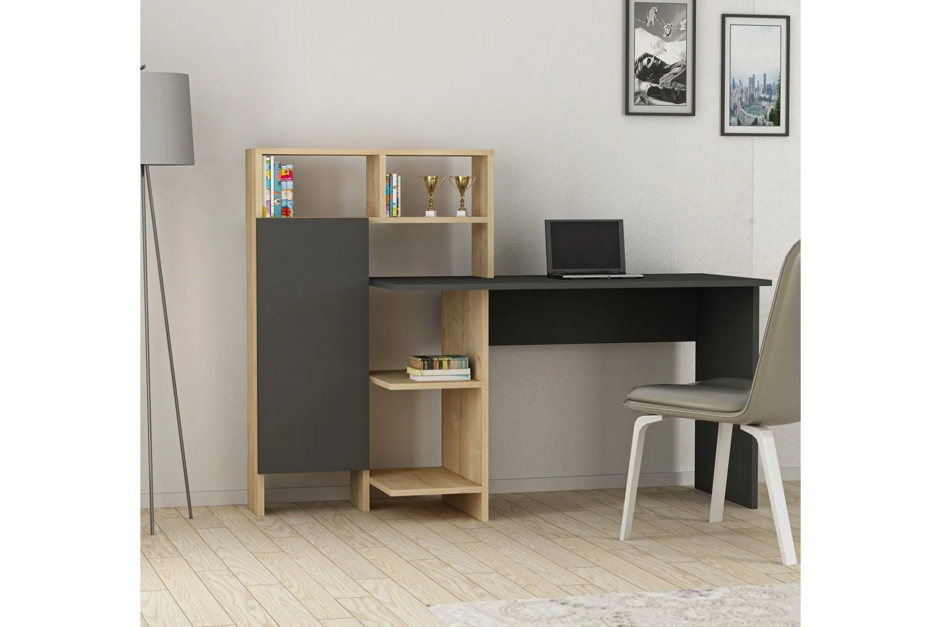 Kontorbord-Irbene Skrivebord 135 cm med Oppbevaring Hyller + Skap Natur,Antracit