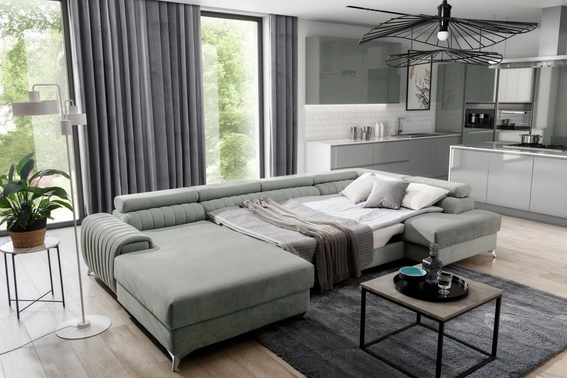 Velour Sofa & Fløyel Sofa|Sovesofaer-Kamran Sovesofa m. Divan og Sjeselong med Oppbevaring Svart