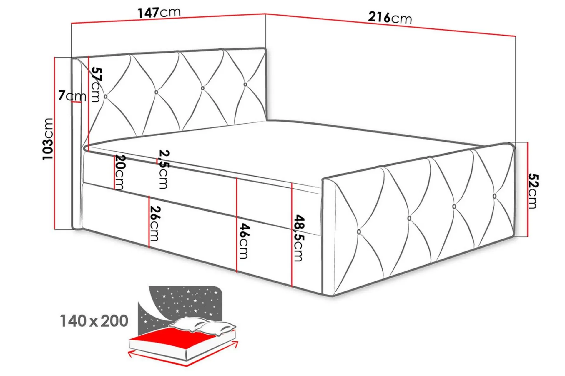 Seng Med Oppbevaring-Kontinentalseng 140x200 cm Musca 5