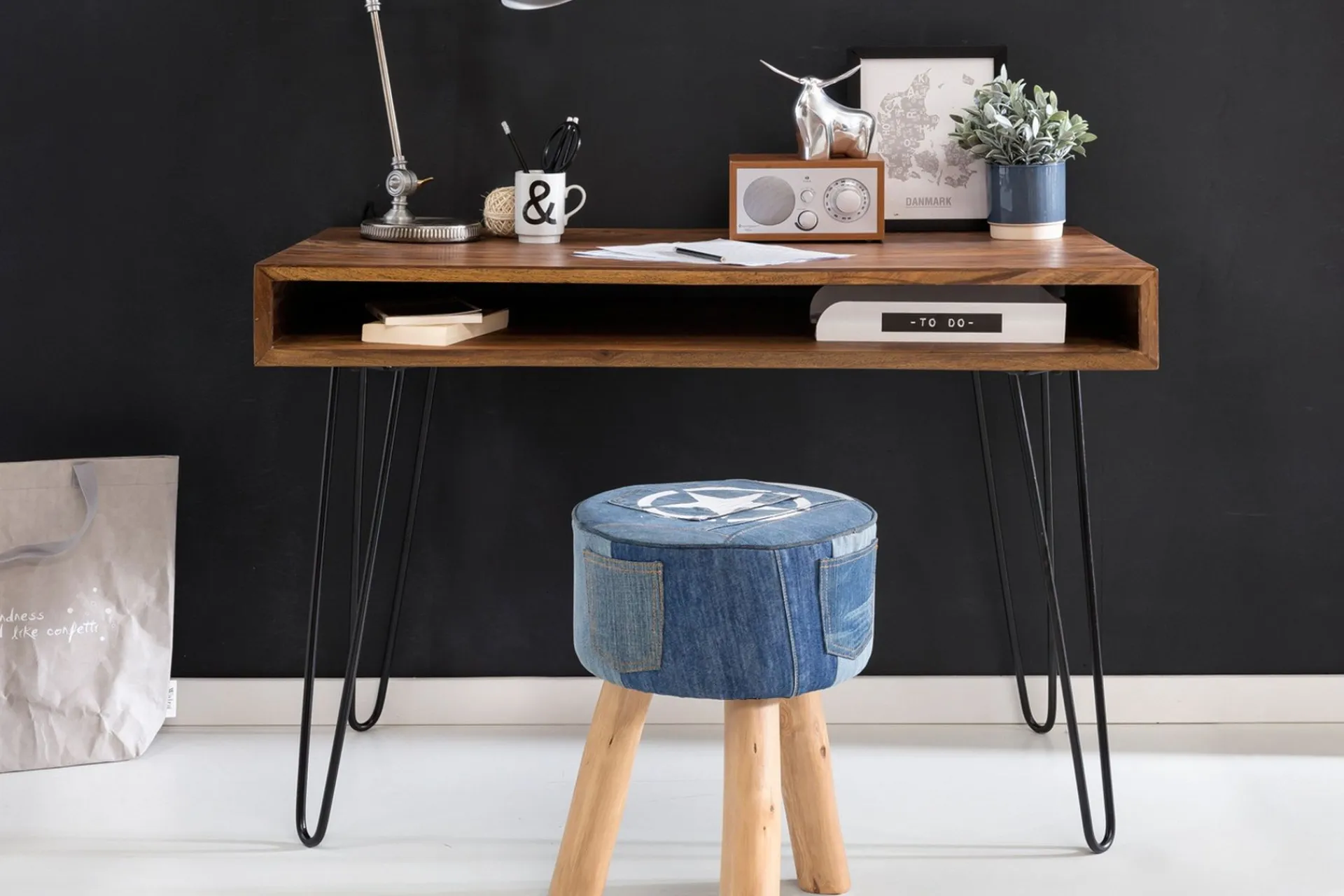 Wohnling Kontorbord-Langner Skrivebord 110 cm med Oppbevaring Hylle Tre/Natur