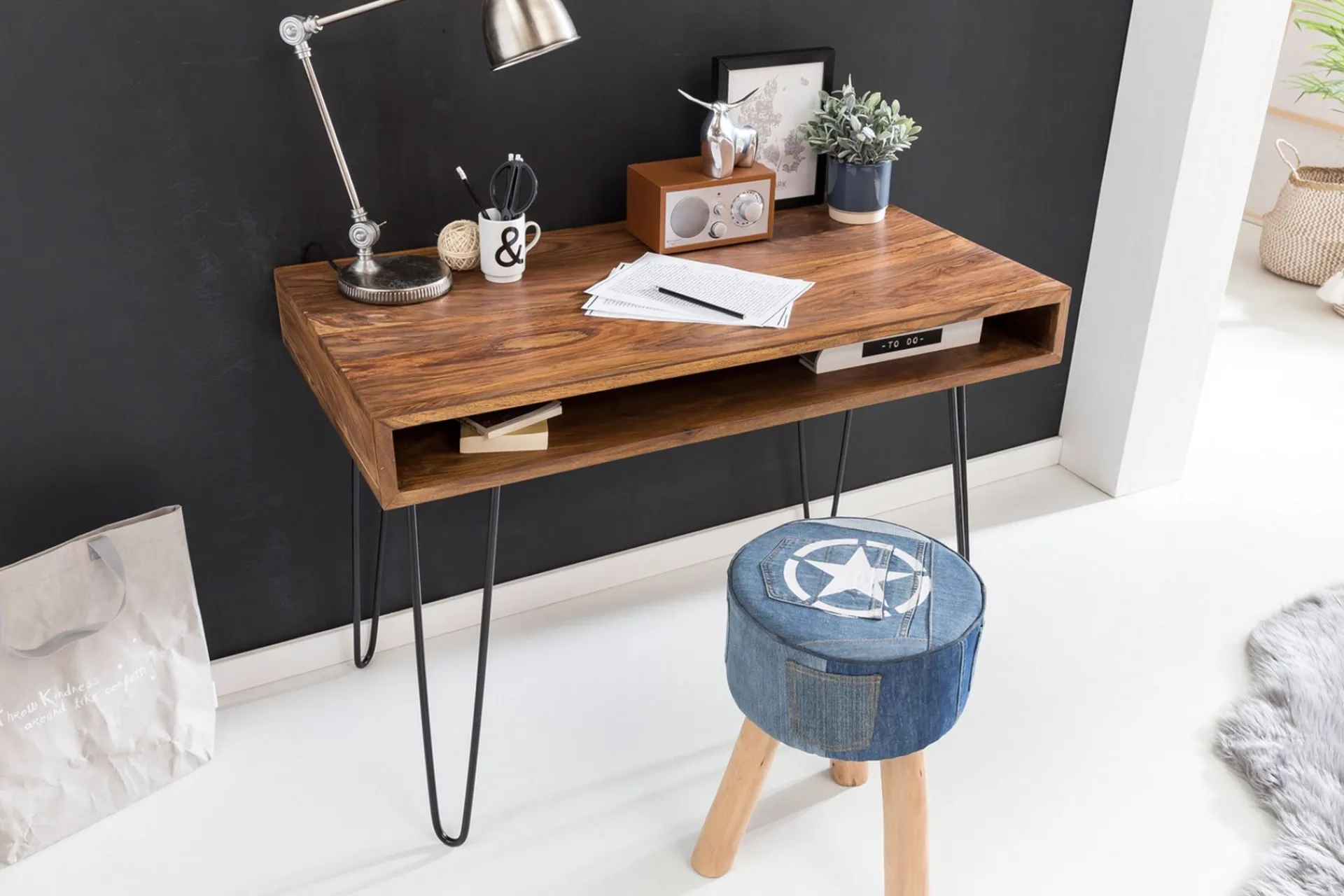 Wohnling Kontorbord-Langner Skrivebord 110 cm med Oppbevaring Hylle Tre/Natur