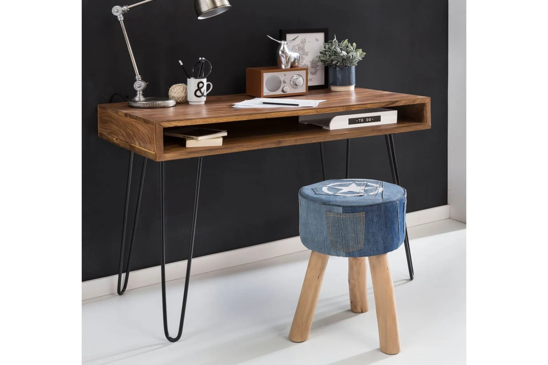 Wohnling Kontorbord-Langner Skrivebord 110 cm med Oppbevaring Hylle Tre/Natur