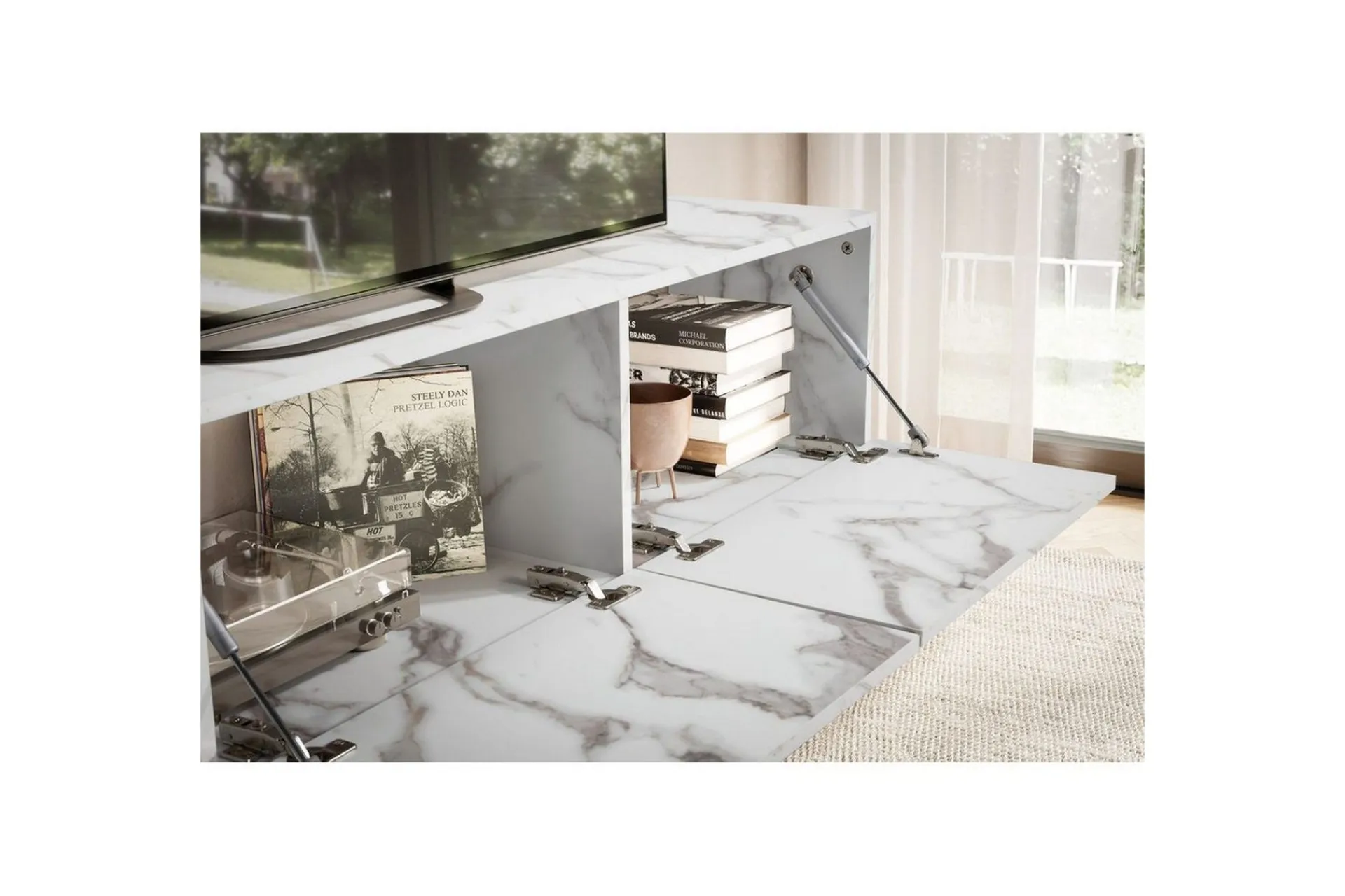 Wohnling Tv-Hylle-Lavbord Foliert oppheng med klaffdør Moderne Marmor, , 160 cm Hvit