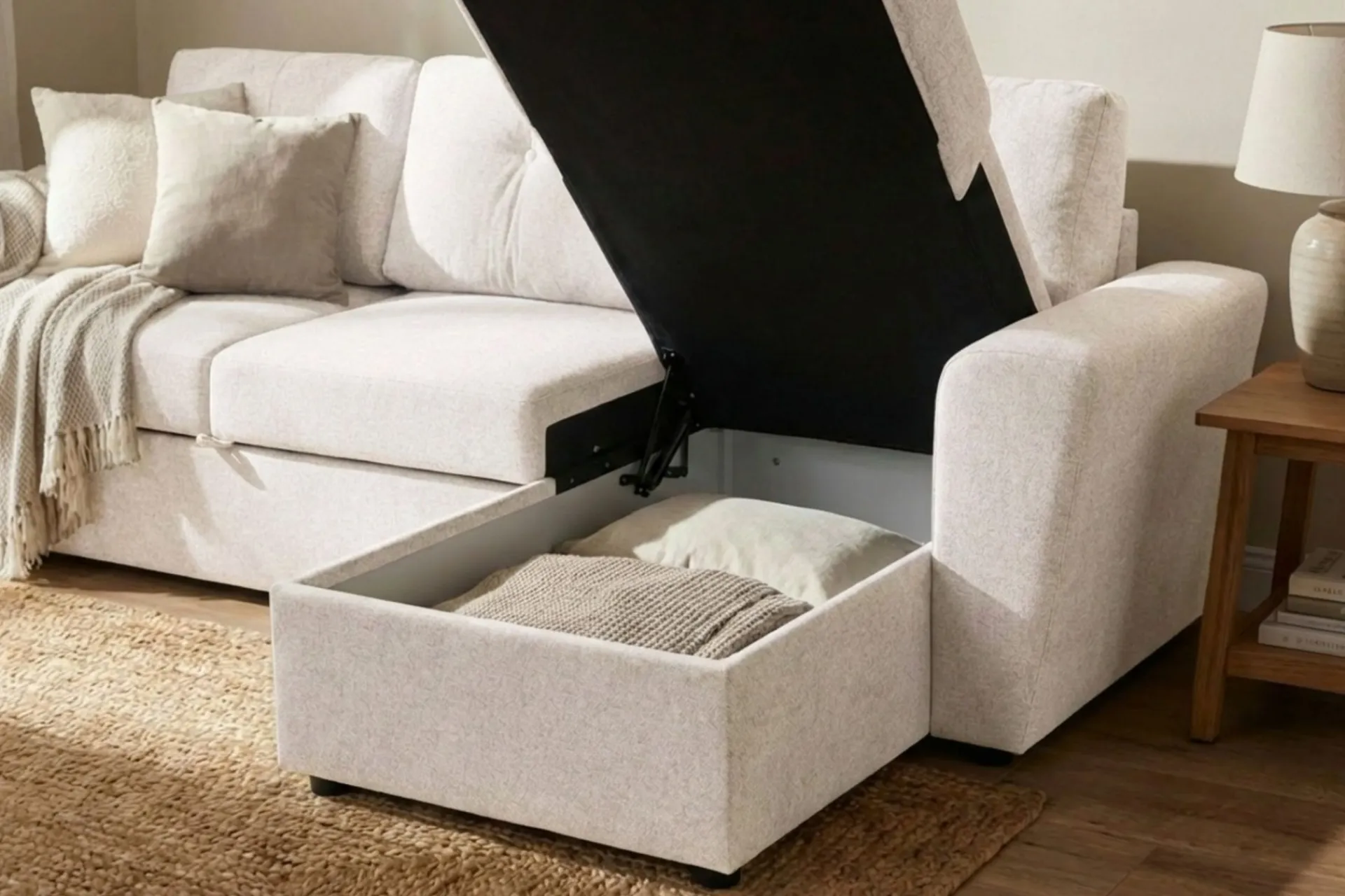 Basic Home Sovesofaer-Leia 3-seters vendbar sovesofa med sjeselong og oppbevaring Beige