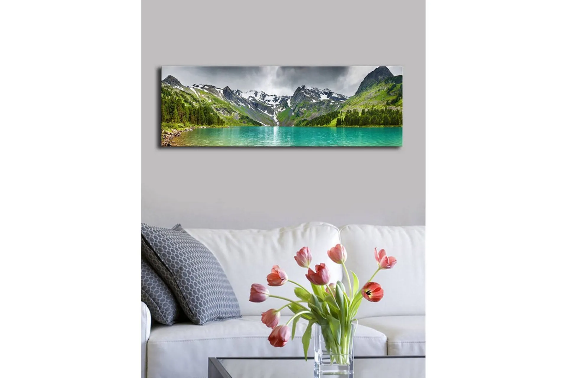 Lerretsbilde med LED-belysning 30x90 cm - Storslått fjellandskap med en glitrende innsjø