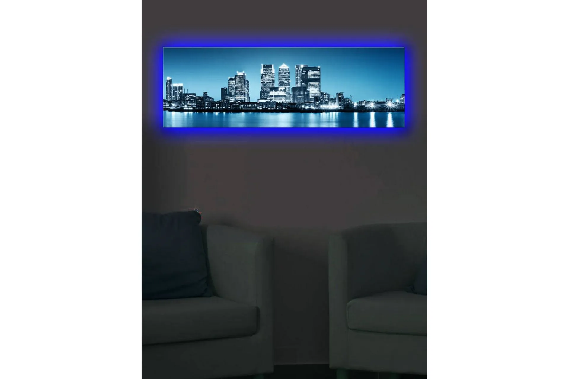 Lerretsbilder|Lerretsbilder-Lerretsbilde med LED-belysning 30x90 cm - Bysilhuett med moderne skyskrapere ved vannkanten Flerfärgad