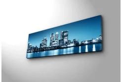 Lerretsbilder|Lerretsbilder-Lerretsbilde med LED-belysning 30x90 cm - Bysilhuett med moderne skyskrapere ved vannkanten Flerfärgad