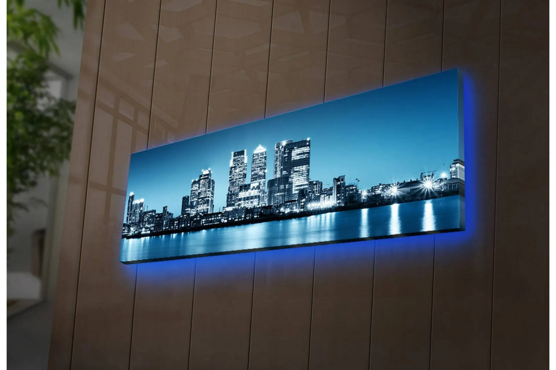 Lerretsbilder|Lerretsbilder-Lerretsbilde med LED-belysning 30x90 cm - Bysilhuett med moderne skyskrapere ved vannkanten Flerfärgad