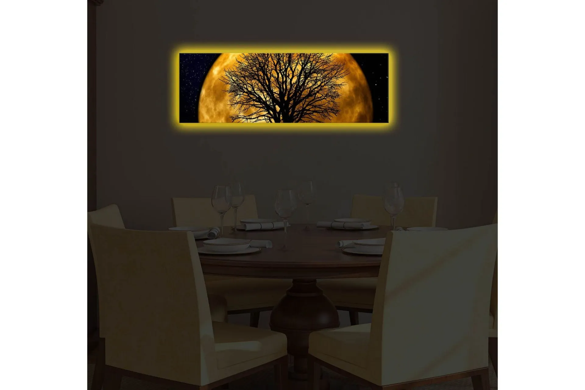 Lerretsbilde med LED-belysning 30x90 cm - Atmosfærisk motiv av en måne bak en silhuett av et tre