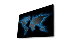 Lerretsbilde med LED-belysning 45x70 cm - Verdenskart med lyseblå konturer mot svart bakgrunn