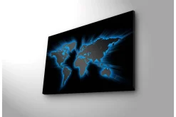 Lerretsbilde med LED-belysning 45x70 cm - Verdenskart med lyseblå konturer mot svart bakgrunn